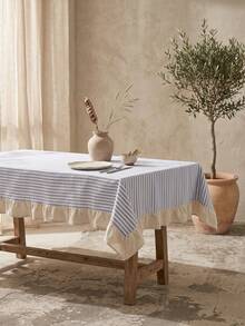 1pc Fresh Blue Striped Ruffle Edge Tablecloth, American Country Style Simple Decorative Dining Table Cloth, Rectangular Coffee Table TV Cabinet Entryway Multi-Functional Cover, Suitable For Holiday Party Birthday Party Wedding Dinner Table Decoration Room Decoration Office Desk Coffee Table Mat Outdoor Picnic Mat Home Decor Room Decoration All Season - Navy Blue - View 8