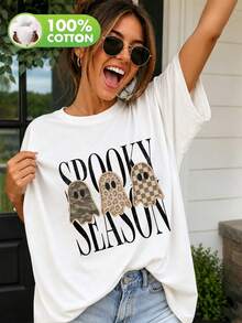 Women's Plus-Size Halloween Ghost-Print T-Shirt. Lightweight And Breathable With A Crew Neck, Perfect For Halloween Parties. - White - View 10