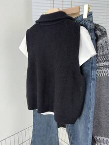 Autumn/Winter New Soft Coffee-Colored Ribbed Knit Vest With Double Zippers, Sleeveless Camisole, Commuter Casual Layering Essential - Black and White - View 5