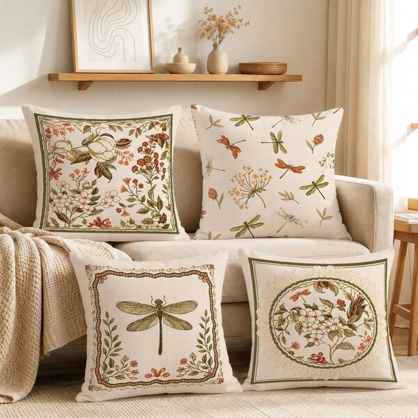 MEMNUN 4pcs Bohemian Vintage Pastoral Dragonfly Floral Print Pattern Cushion Covers [Pillow Inserts Not Included], 40*40cm/45*45cm/50*50cm, [Single-Sided Printing] Made Of Polyester Material European Style Floral Border Pillow Covers Room Decor, Home Decor, Bedroom Decor, Room Decoration Stuff For Sofa, Living Room, Bedroom, Car, Office, Hotel, B&B Decoration Pillow Covers Perfect Gift For Family And Friends