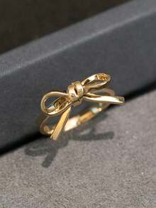 Juego de 3 anillos apilables chapados en oro con circonita cúbica, diseño de lazo y trébol con pavé, joyería elegante y minimalista para mujer - Dorado - Ver 3