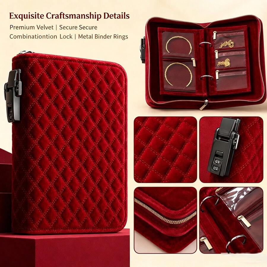 Velvet Combination Lock Jewelry Organizer, Removable Inner Pages Jewelry Storage Bag, Anti-Tangle Compartment Storage, Portable Necklace Bracelet Earring Ring Storage Box, Home Travel Jewelry Organizer - Multicolor - View 1