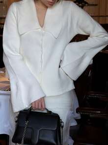 Women's White Knitted Cardigan With Turn-Down Collar And Flared Sleeves, Fashionable Button-Front Regular Fit Top For Autumn - White - View 5