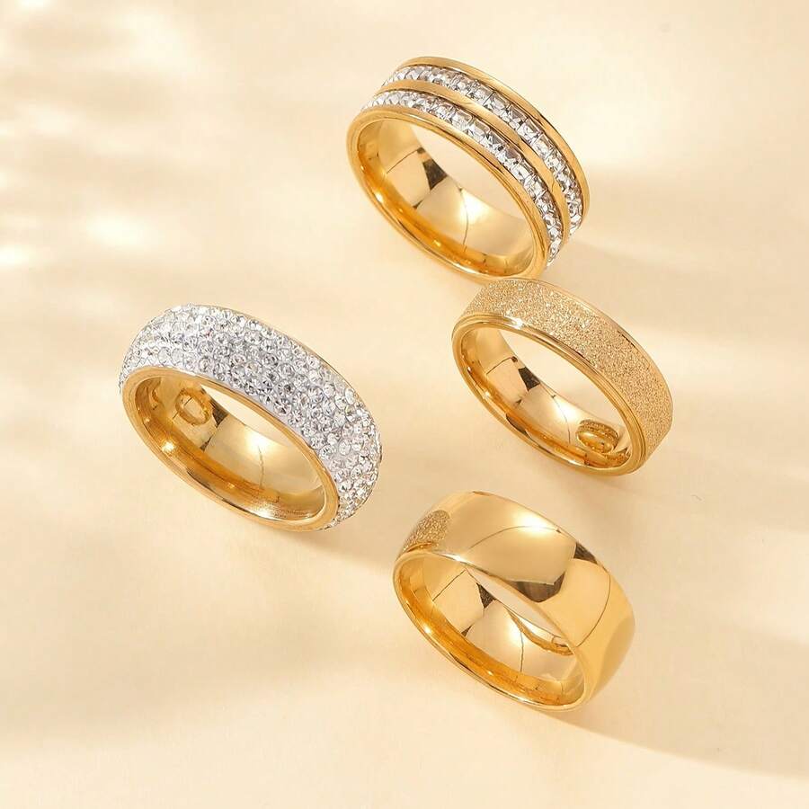 4pcs Men's Fashion Stainless Steel Ring Set, Hypoallergenic Stainless Steel Jewelry Suitable For Men And Couples Daily Wear Valentine's Day Gift - Gold - View 1