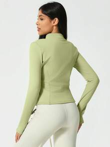Solid Fleece Zip Up Jacket Women's Mandarin Collar Thumbhole Double Line Design Concert Birthday Gym Wear - Green - View 5