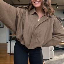 Women's Solid Color Front Zipper Pocket Jacket, Casual Long Sleeve Flight Jacket, Loose Fit Vintage Zipper Jacket, Regular Faux Suede Casual Jacket, Spring/Autumn - Maroon - View 3