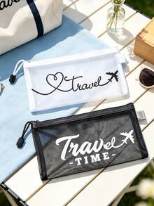 Lightweight Mesh Zipper Pouch With "Travel", Travel Print Makeup Bag,Multifunctional Storage Pouch, Portable Toiletry Storage Organizer For Cosmetics, Stationery & Travel Essentials,For Travel Vacation Daily Use - Multicolor - View 7