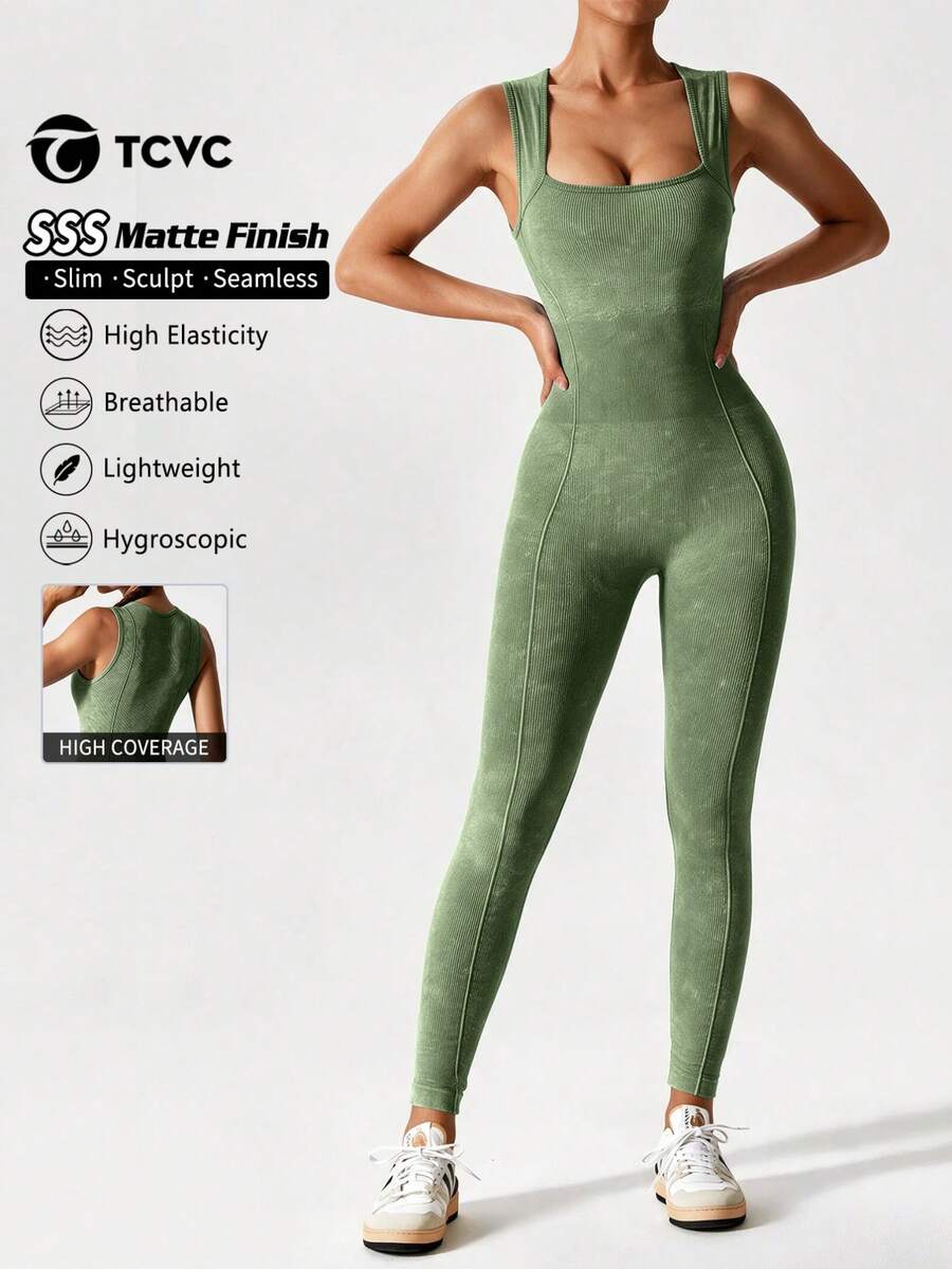 TCVC Women's Sand-Washed Activewear Jumpsuit, Comfortable Breathable Sleeveless Jumpsuit, Suitable For Yoga, Gym Workout, All Seasons Summer Sports - Green - View 1