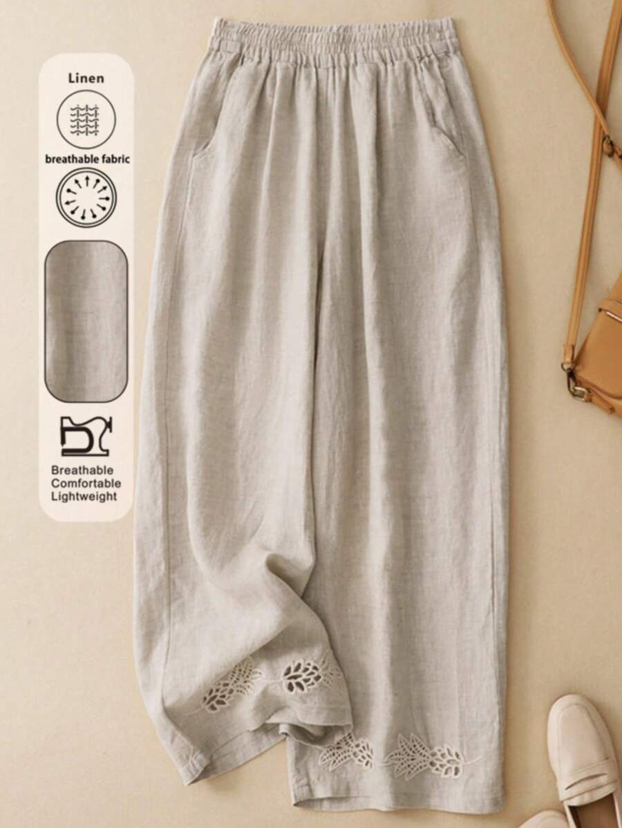 Linen Blend Wide Leg Pants, Elastic Waist Embroidered Hem Autumn Long Pants - Linen - View 1