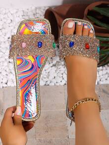 1 Pair Women's Bohemian Style Rhinestone Square Toe Slip-On Flat Sandals - Multicolor - View 2