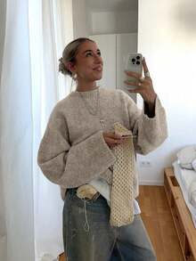 VIBEWAVE Halloween Light Gray American Vintage Casual Home Crew Neck Sweater Autumn/Winter Slouchy Dropped Shoulder Loose Wide Sleeve Premium Knit Top - Volcanic Gray - View 2