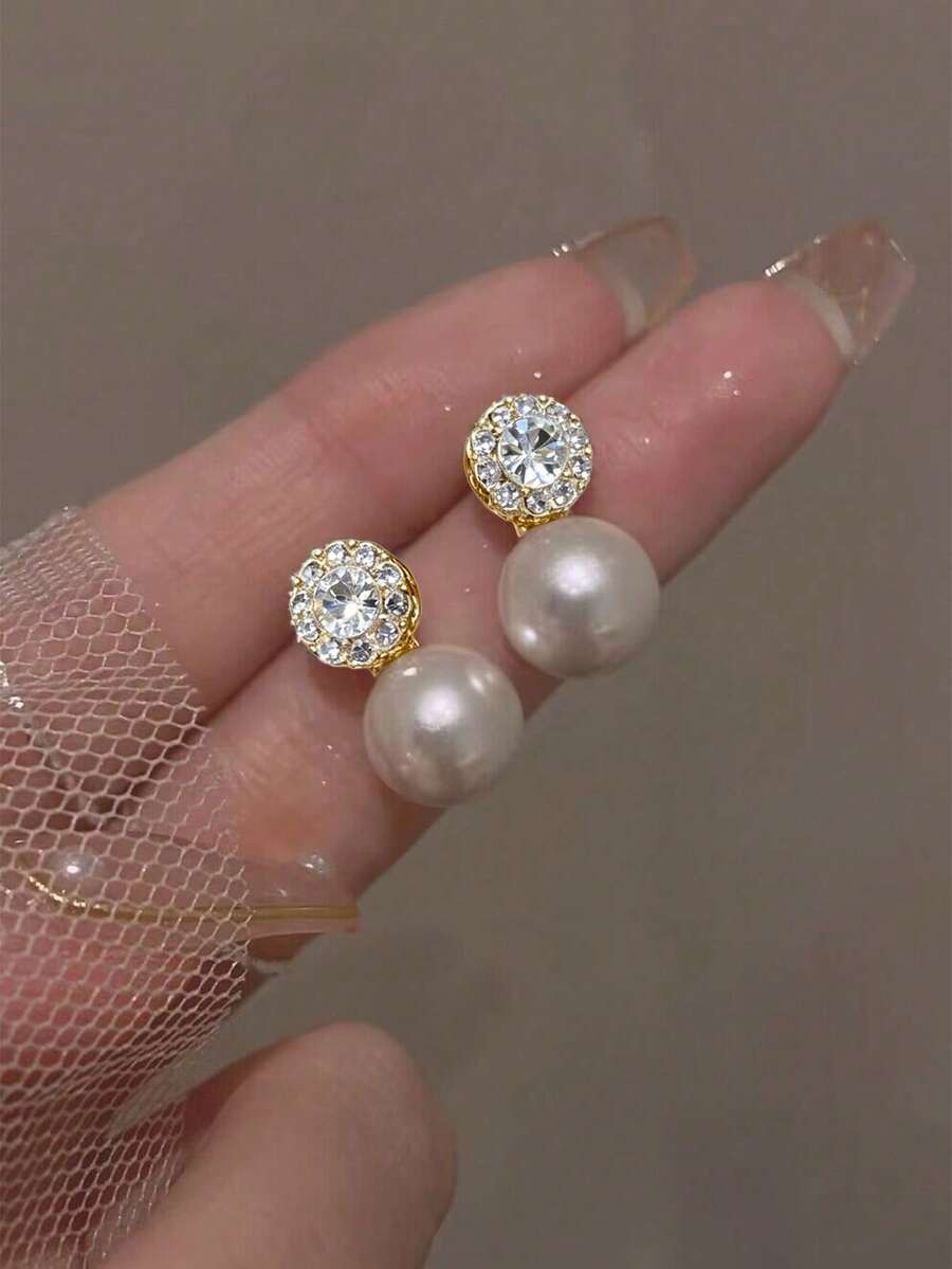 1pair Fashionable Simple & Personalized Design Delicate & Gorgeous White Crystal & Faux Pearl Stud Earrings For Women Jewelry - Multicolor - View 1