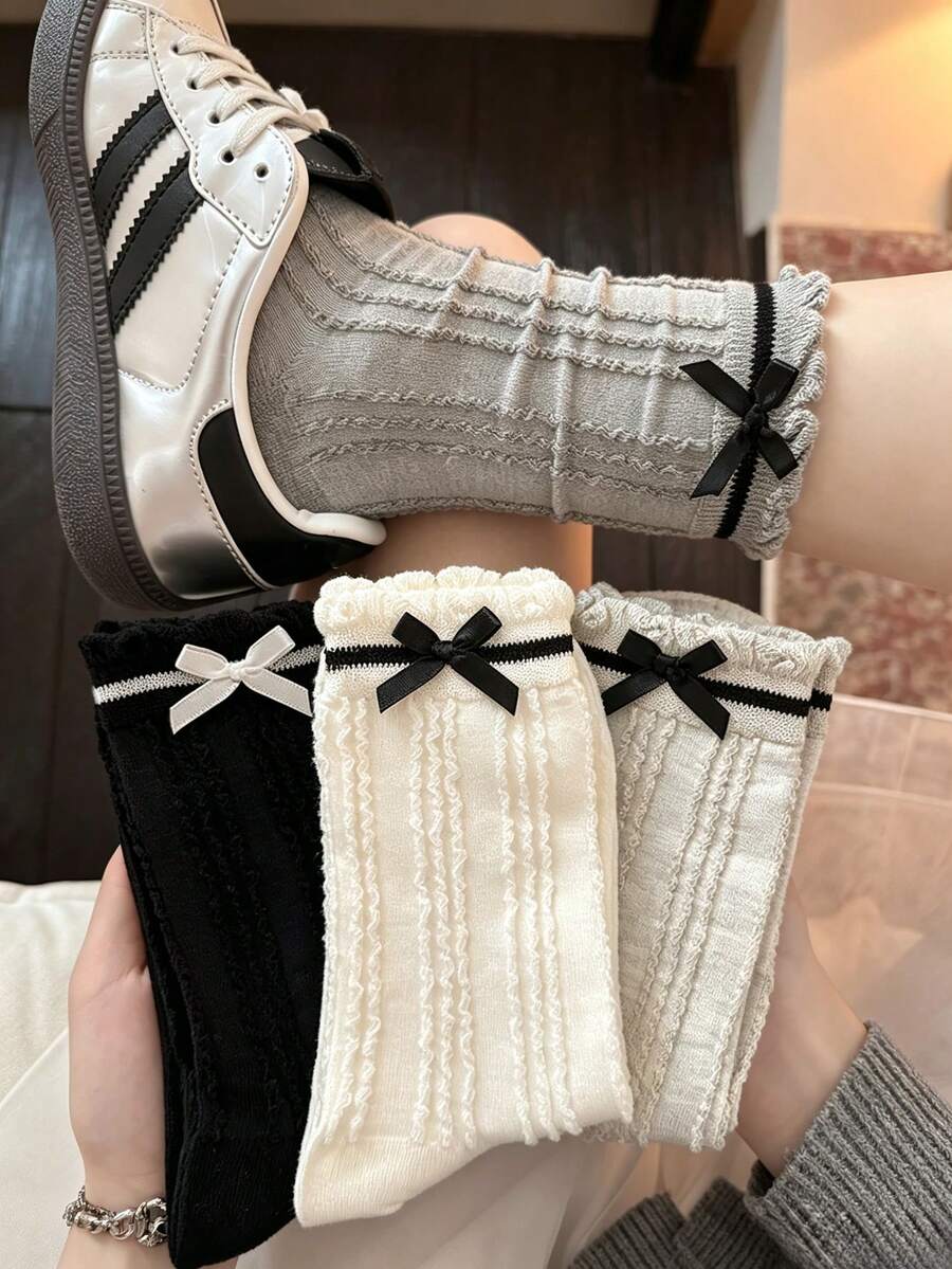 4 Pasang Kaos Kaki Balet Gaya Korea Putih Berenda untuk Musim Semi, Musim Panas, dan Musim Gugur, Warna Polos, Bernapas, Gaya Balet Longgar - MultiWarna - View 1