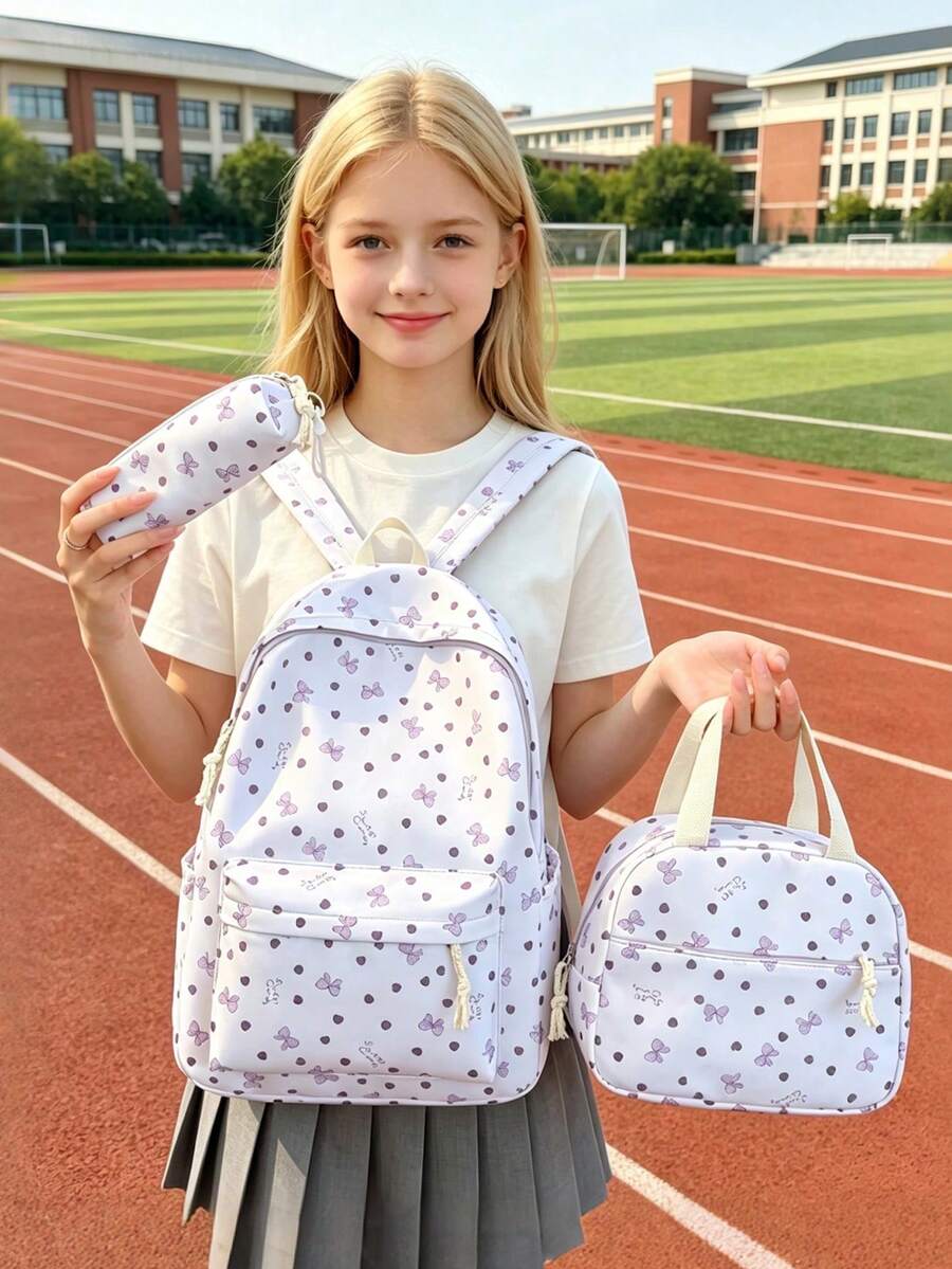 3pcs Back To School Heart Bow Pattern Backpack Set, Large Capacity Nylon School Day Bag With Lunch Bag And Pencil Case, Multi-Pocket Casual Backpack, Lightweight Bookbag, Suitable For Students/Graduates/Young People, Perfect For Back To School/Daily/Shopping/Short Trips And Outdoor Leisure Activities - 8216 - View 1