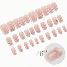 30 Piece Set Of Square Patch Fake Nails, Short/3D Bow, Pearl Flower, Rhine Style Sweet Design, Perfect Fit Acrylic Fake Nail Set, Suitable For Women's Daily Office Wear In Autumn And Winter - Multicolor - View 3