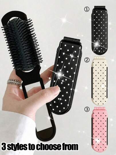 Nuevo Patrón de Lunares Espejo Plegable 2 en 1 & Peine de Masaje del Cuero Cabelludo - Cepillo de Pelo Mini Ligero de Bolsillo, Diseño Plegable con Espejo Pequeño Incorporado, Peine de Estilo Compacto y Portátil para Mujeres, Unisex, Adecuado para Viajes, Exteriores, Deportes, Oficina, Campus y Cuidado Diario; Herramienta de Belleza Práctica, También Adecuada como Regalo de Graduación.