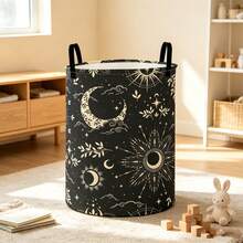 1pc Celestial Sun Moon Star Print Foldable Laundry Basket, Bohemian Style Round Storage Basket With Handle, Multi-Functional Foldable Clothes & Sundries Storage Basket, Bedroom Home Decor - View 3