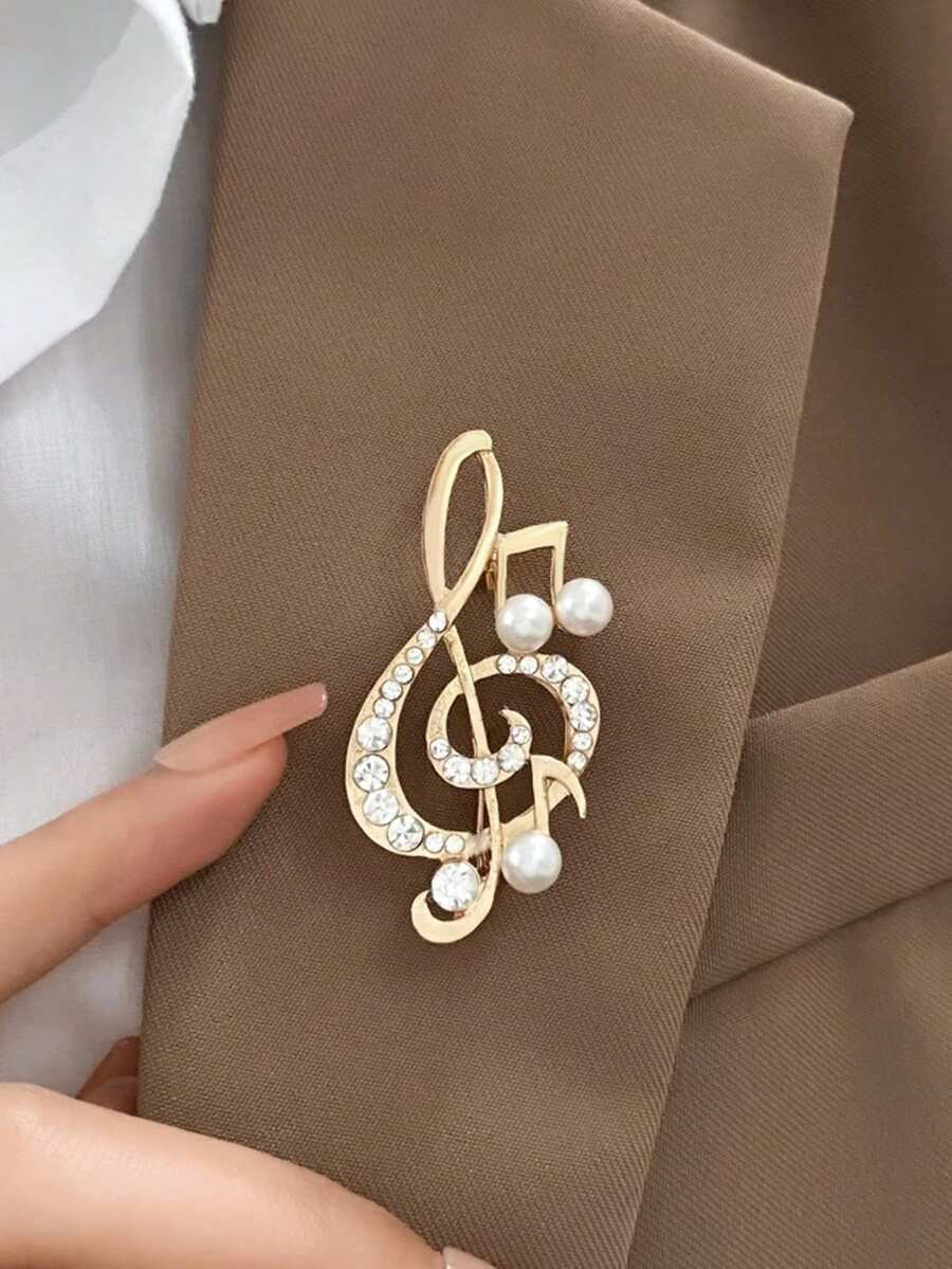 1 件复古简约奢华音符仿珍珠水钻胸针，适合女性日常穿着、西装、连衣裙