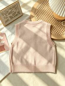 WUHUANG YIYI Baby Girls Sweet Cute Style Contrast Solid Color Handmade Flower Applique Decor Round Neck Sweater Vest Cardigan Loose Fit Daily Outing Autumn - Baby Pink - View 2