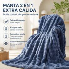 Flannel And 3D Plush Duvet Cover 160x220 Cm, Multifunctional Blanket With Zipper And Faux Rabbit Fur Texture, Soft And Warm Bedding - Blue - View 3