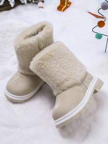 1 Pair Baby Girls Plush Snow Boots With Fleece Lining, Warm Flat Non-Slip Ankle Boots For Daily Outdoor Wear In Autumn And Winter - Beige - View 2