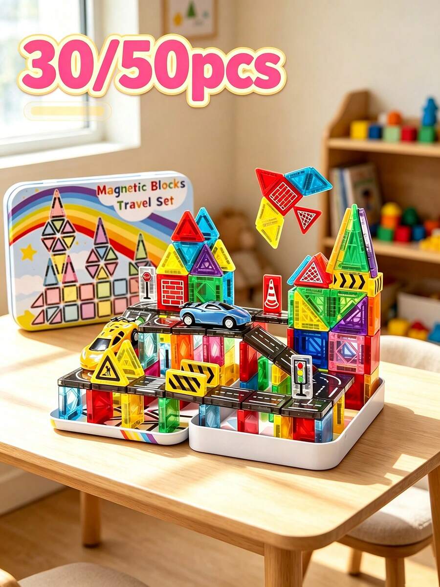 50/30pcs Kids Magnetic Building Blocks City Road Track Car Set, Multi-Functional Magnetic Assembly Toy With Mini Cars, Suitable For 3-14 Years Old Children Birthday/Holiday Gift (Random Color) - Multicolor - View 1