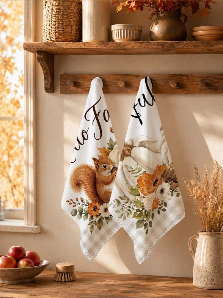 2PCS Kitchen Towels Autumn Plaid Pumpkin Maple Leaf Pattern Printed 40*60cm Rectangular Microfiber Kitchen Towels, Dish Cloths, Tablecloths, Hand Towels, Kitchen Decor, Home Decor, Housewarming Gifts For Neighbors, Perfect For Kitchen And Bathroom Use, Suitable For Housewives And Family Gatherings Gifts, High Cost-Performance, Household Essential - Multicolor - View 2