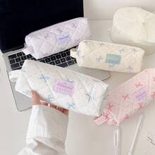 Korean Style Polka Dot Handheld Pencil Case With Bow, Stationery Bag, Portable Compartment Storage Bag For Students - Bow Handle - View 5