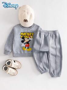 2pcs Disney Autumn Baby Boy Fleece Mickey Letter Print Cute Long Sleeve Ribbed Sweatshirt Grey Stitch Sweatpants Set Cartoon Pattern Slight Elastic Suitable For Infants Newborns Daily Wear Spring Gift - Grey - View 1
