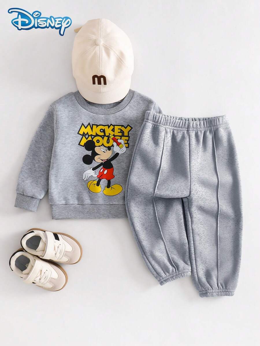 2pcs Disney Autumn Baby Boy Fleece Mickey Letter Print Cute Long Sleeve Ribbed Sweatshirt Grey Stitch Sweatpants Set Cartoon Pattern Slight Elastic Suitable For Infants Newborns Daily Wear Spring Gift - Grey - View 1
