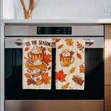 2PCS Kitchen Towel, Autumn Maple Leaf Series Pattern Print, Watercolor Style 40*60cm Rectangular Microfiber Kitchen Towel, Dish Cloth, Tablecloth, Hand Towel, Kitchen Decor, Home Decor, Neighbor Housewarming Gift, Kitchen Napkin And Dish Cloth, Home Decor, Gift - Coral Orange - View 5