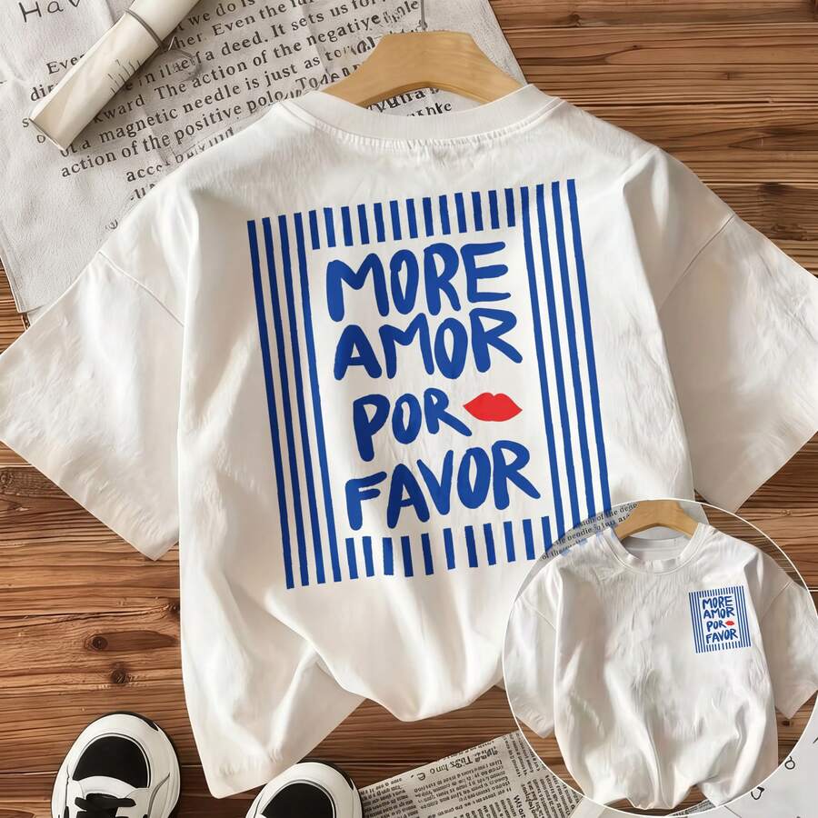 , More Amor Por Favor Graphic Print, T-Shirt, Cotton, Crew Neck Short Sleeve Loose Fit, Unisex Streetwear, Summer Casual Top - White - View 1