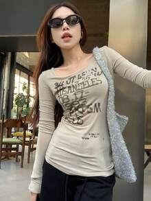 Women's Letter Print Long Sleeve T-Shirt, Slim Fit Casual Base Layer Top For Early Autumn - Khaki - View 6