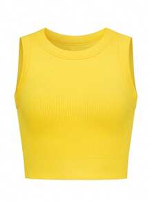 Women's Seamless Knit Sports Tank Top, Built-In Fixed Bra Pads, Ribbed Round Neck Sleeveless Fitness Workout Top - Yellow - View 6