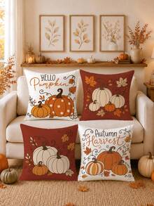 Autumn Vintage Brown Pumpkin Pattern Cushion Cover 4-Piece Set, Single-Sided Printed Peach Skin Polyester Fabric, 45*45CM Throw Pillow Covers For Modern Fabric Sofa Indoor Decor, Party Decoration, Gift Giving - Multicolor - View 2