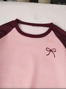 2pcs Set Girls Suitable For Teenagers - Pink And Burgundy Colorblock Crew Neck Sweatshirt And Wide Leg Joggers, Digital Print Pattern Design, Casual Sportswear Outfit, Suitable For Daily Wear, Sports, School - Burgundy - View 4