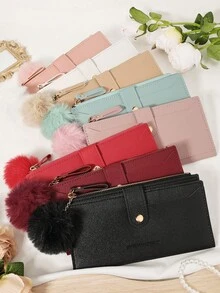 Dengan hiasan pom-pom, dompet panjang ultra tipis yang modis, dompet yang dapat memuat ponsel kecil, cocok untuk aktivitas luar ruangan dan perjalanan. - Burgundy - View 4