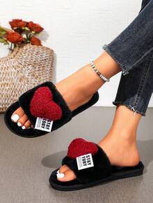 1 Pair Women's Heart-Shaped Plush Slippers, Open Toe Fluffy Flat Sandals, Comfortable Indoor Outdoor Home Slippers - Black - View 2