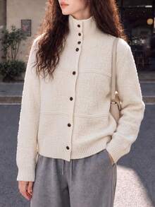 Cardigan Rajut Wanita Gaya Minimalis Musim Gugur/Dingin dengan Kerah Tegak/Lipat - Krem - View 1