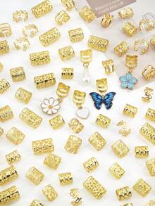 95pcs Alloy Daisy Flower Braid Hair Clips, Y2K Punk Hip Hop Decorative Hairpins, Gifts Party Daily Use Hair Rings & Accessories - Gold - View 4