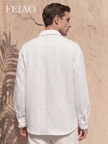 FEIAO Men's Retro "Old Money" Style Long-Sleeve Shirt With 3D Texture-Casual, Stylish, And Versatile For Commuting; Perfect For Both Fall And Winter - White - View 3