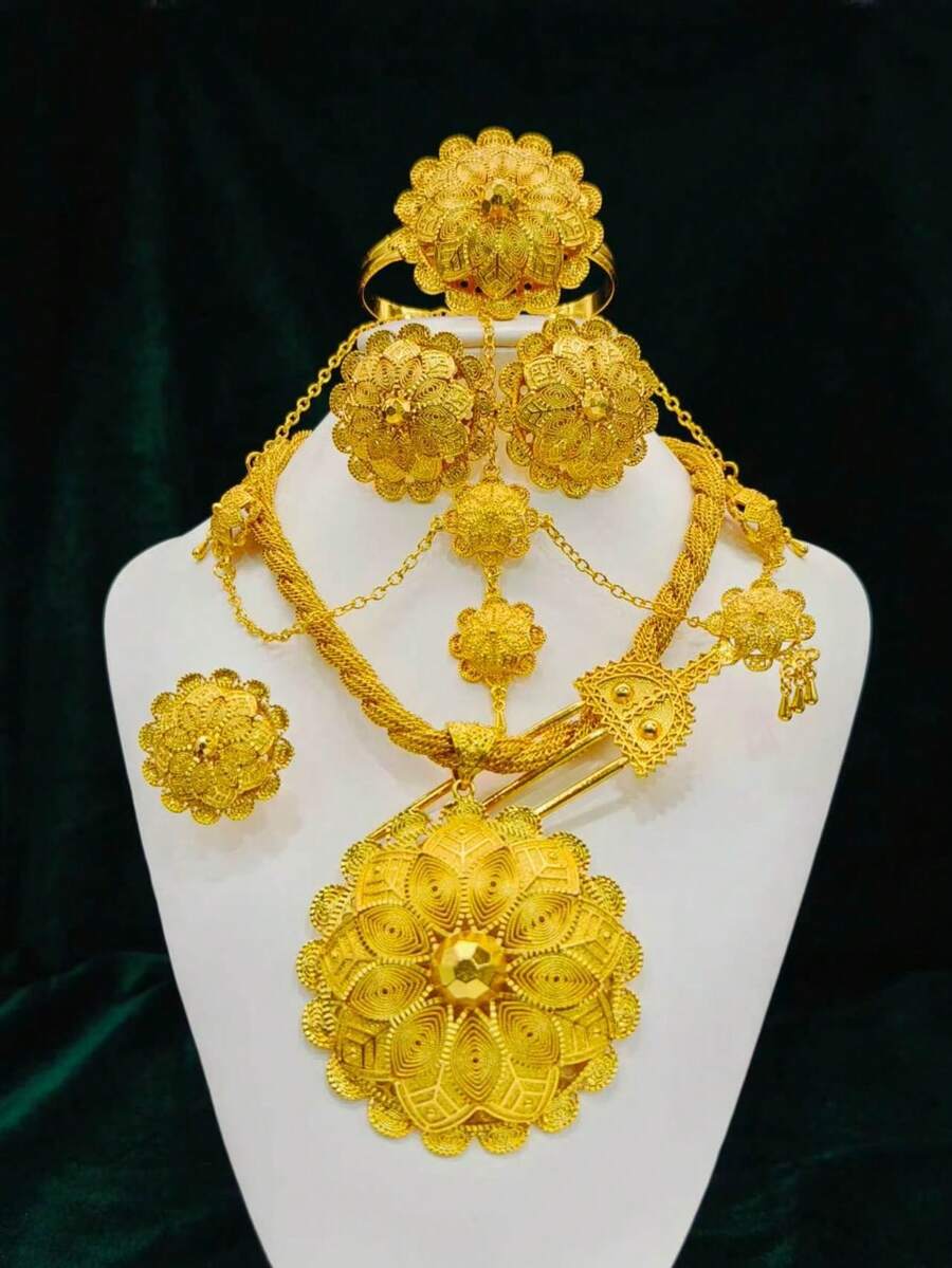 1 Necklace, 1 Bracelet, 1 Pair Of Earrings, 1 Ring, 1 Hair Fork, 1 Head Chain, Fashionable Women's Gold-Plated Leaf Pendant Jewelry Set, 6-Piece Set, Saudi Arabia, Europe, America, Middle East, Dubai, Africa, Bride, Wedding, Banquet, Date, Dress Accessories, Mother's Day, Valentine's Day, Music Festival, Birthday, Wedding Season, Graduation Season, Holiday Gift, Daily Wear Jewelry - Yellow Gold - View 1
