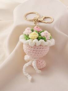 1pc Cute 3D Crochet Flower Bouquet Shaped Bag Charm, Sweet Style Pink Keychain, Girls Daily Carry Bag Pendant, Holiday Gift - Flowers - View 7