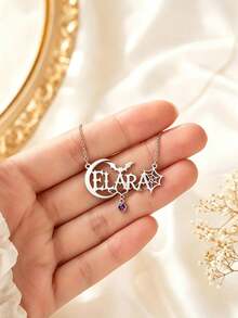 Personalized Gothic Custom Name Necklace, Halloween Bat & Moon Pendant, Customized Birthstone Gift - Multicolor - View 6