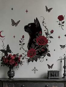 1pc Gothic Black Cat And Red Rose Wall Sticker, Dark Floral And Moon Butterfly Wall Decal, Removable Vinyl Decor For Bedroom And Living Room - D - View 1