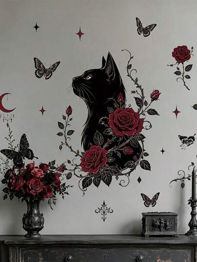 1pc Gothic Black Cat And Red Rose Wall Sticker, Dark Floral And Moon Butterfly Wall Decal, Removable Vinyl Decor For Bedroom And Living Room