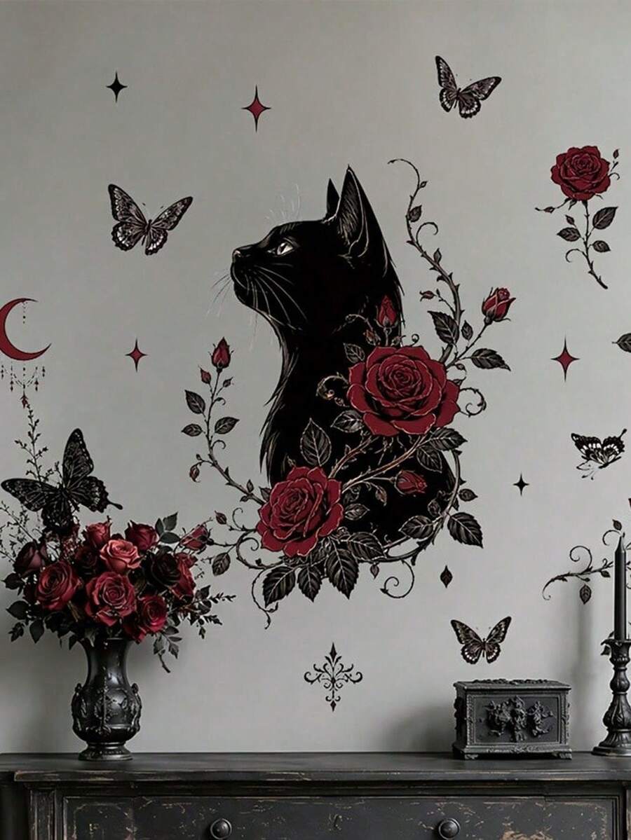 1pc Gothic Black Cat And Red Rose Wall Sticker, Dark Floral And Moon Butterfly Wall Decal, Removable Vinyl Decor For Bedroom And Living Room - D - View 1