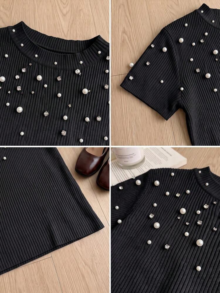 Atasan Rajut Lengan Pendek Slim Fit Gaya Korea dengan Desain Rhinestone & Manik-manik untuk Wanita, Musim Panas - Hitam - View 10