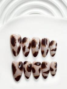 10件裝復古風手工穿戴式美甲，Polygel美甲套組，手繪斑點貓眼設計，銀色與棕色指甲油，酷感風格，含美甲工具，3種尺寸可選，方型/短方型/杏仁型，適合派對、跳舞、日常配戴 - 彩色 - 查看 19