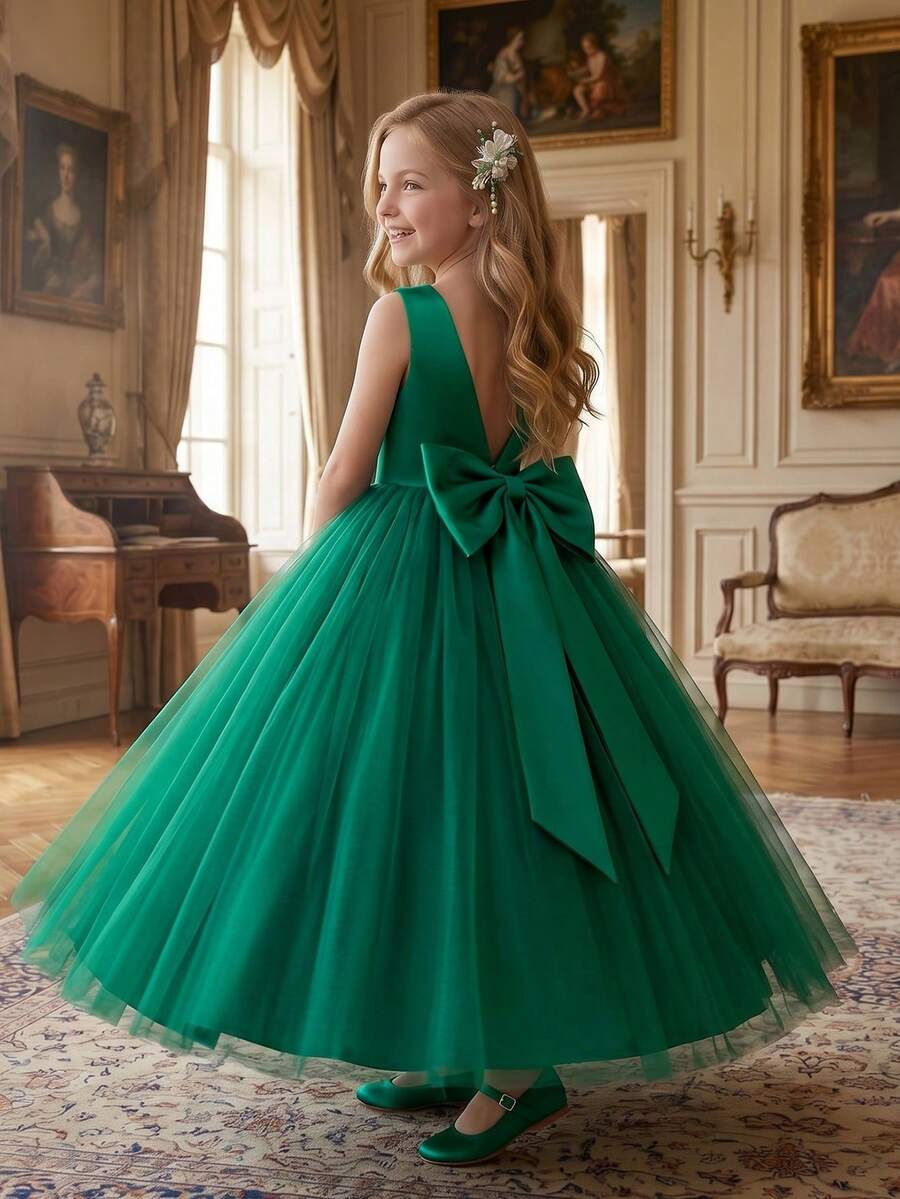 Gaun Anak Perempuan Warna Hijau Zamrud dari Tulle, Tanpa Lengan, Punggung V Dalam, Pita Besar, Gaun Pesta Model A-Line untuk Pernikahan, Pesta Ulang Tahun, Prom, Kontes Kecantikan, Wisuda